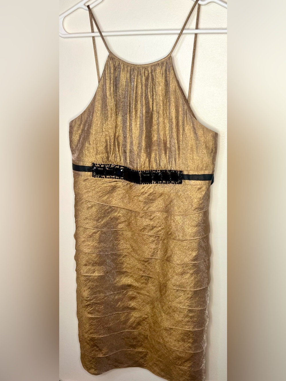Vintage I.N. Studio Metallic Gold Halter Tiered Cocktail Dress Jeweled Waist 8